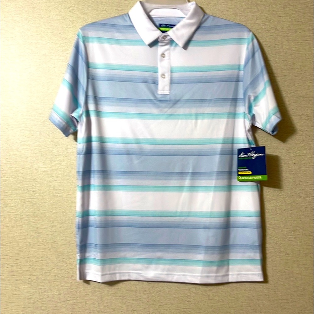 🆕 Men's Medium M white with green blue Stripes Performance Sports Polo Golf Sh…